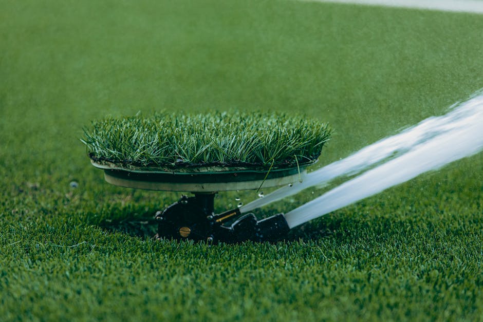 Lawn sprinkler watering commercial grass area